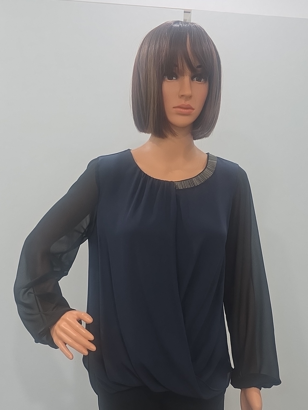 Alfani Navy Blue Blouse with Black Sheer-Sleeves & Embellished Neckline. Size 4